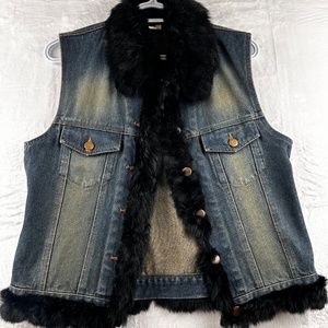 Cajon Jean Jacket 100% Real Rabbit Fur Trim Sz L women vest